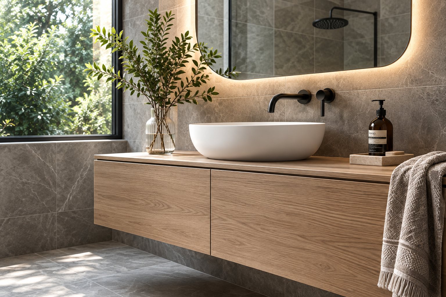 A wall-hung timber vanity with a vessel basin and matte black wall-mounted tapware, beside a window onto greenery.